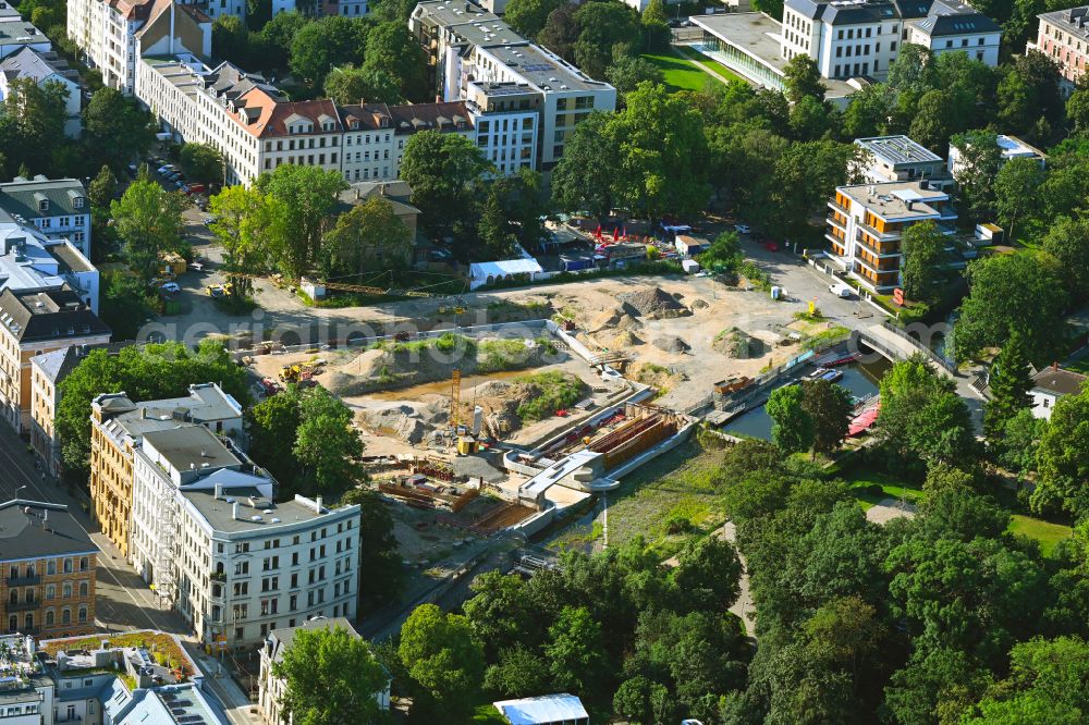 Aerial photograph Leipzig - Construction site for the reconstruction and redesign of the port facilities of the city port on the banks of the Elstermuehlengraben on Schreberstrasse in the Zentrum district of Leipzig in the state of Saxony, Germany