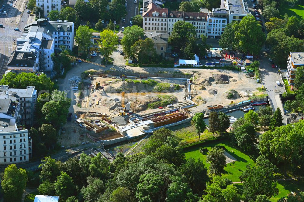 Leipzig from above - Construction site for the reconstruction and redesign of the port facilities of the city port on the banks of the Elstermuehlengraben on Schreberstrasse in the Zentrum district of Leipzig in the state of Saxony, Germany