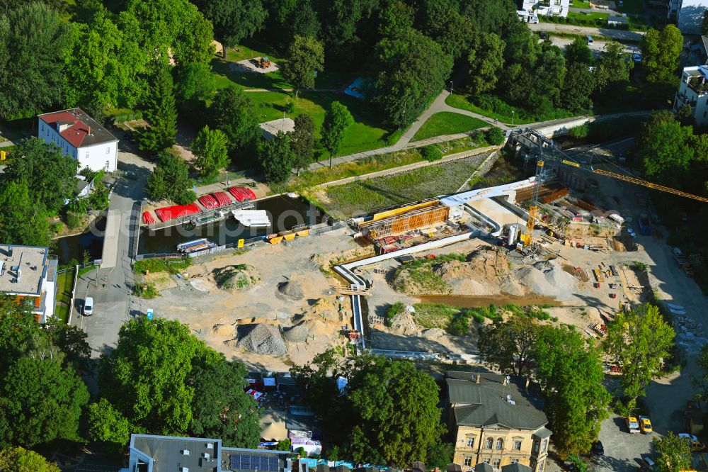 Aerial image Leipzig - Construction site for the reconstruction and redesign of the port facilities of the city port on the banks of the Elstermuehlengraben on Schreberstrasse in the Zentrum district of Leipzig in the state of Saxony, Germany