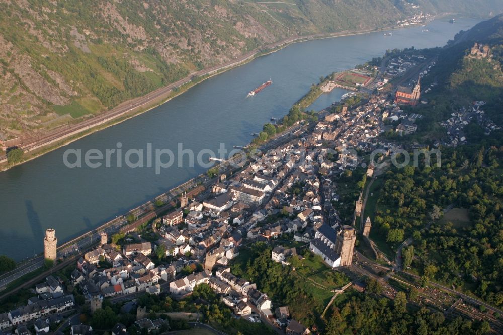 Oberwesel from above - City center on the riverside of the Rhine with a view over the St. Martin Church in Oberwesel in the state of Rhineland-Palatinate