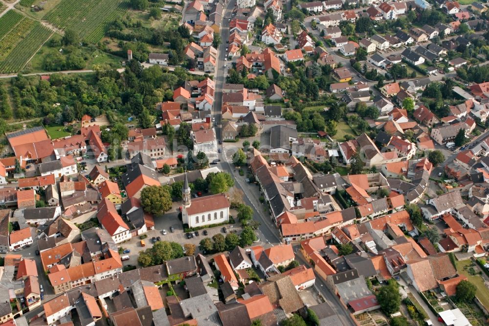 Schwabenheim an der Selz from above - City core and church along the road Elsheimer in Schwabenheim an der Selz in the state of Rhineland-Palatinate