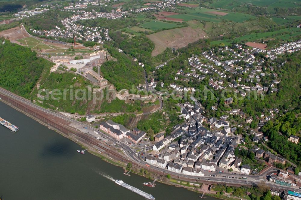 Koblenz from the bird's eye view: Center and Fortress Ehrenbreitstein at the confluence of the Rhine and Mosel called Deutsches Eck in Koblenz in Rhineland-Palatinate