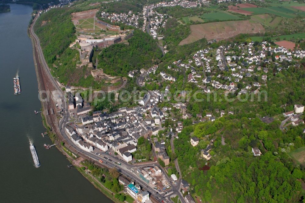 Aerial image Koblenz - Center and Fortress Ehrenbreitstein at the confluence of the Rhine and Mosel called Deutsches Eck in Koblenz in Rhineland-Palatinate