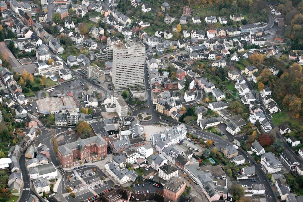 Aerial image Idar-Oberstein - Town center with views of the skyscraper of Opalhotel of Idar-Oberstein in Rhineland-Palatinate