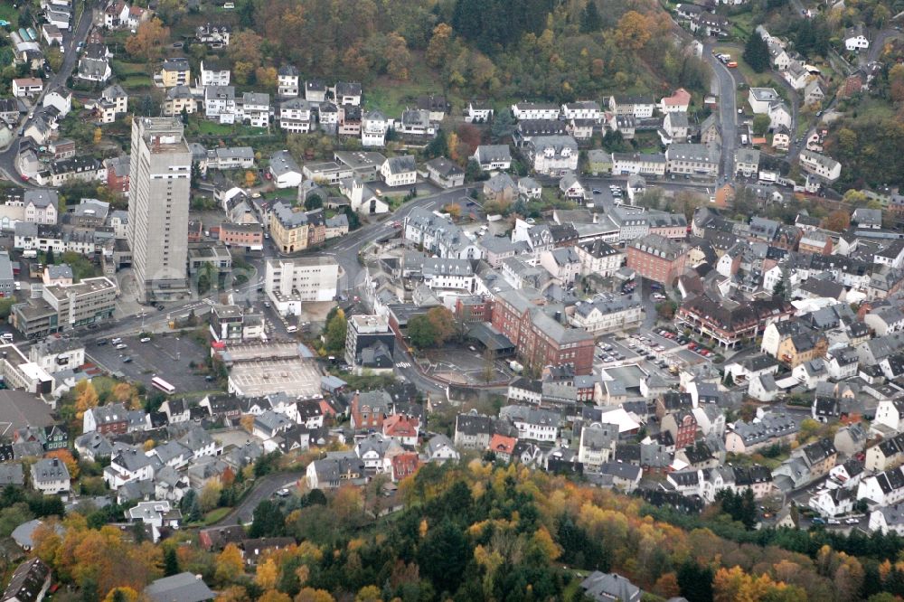 Idar-Oberstein from above - Town center with views of the skyscraper of Opalhotel of Idar-Oberstein in Rhineland-Palatinate