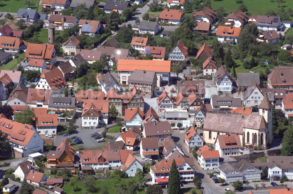 Aerial photograph Neubulach - Blick auf Neubulach mit Stadtkirche und Gebäude in dem eine Ausstellung zum Thema Schwarzwälder Mineralien ist. Neubulach ist der erste Ort in Deutschland mit staatlich anerkanntem Heilstollen-Kurbetrieb.