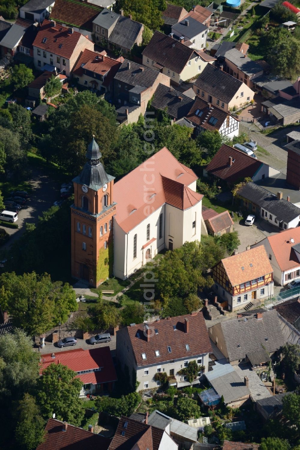 Buckow (Märkische Schweiz) from above - Church building on Market Square in the Old Town- center of downtown in Buckow (Maerkische Schweiz) in the state of Brandenburg