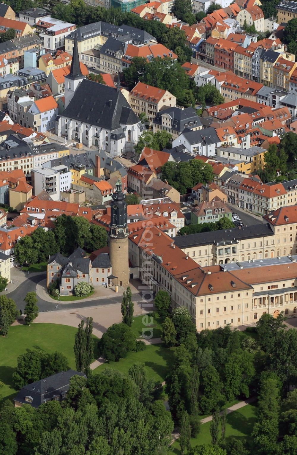 Weimar from above - Partial view of Weimar with the city church Saints Peter and Paul and the city palace in the state of Thuringia. The town church, which was built as a three-aisled hall church, is also known as Herderkirche because it helds the grave of Johann Gottfried Herder in it