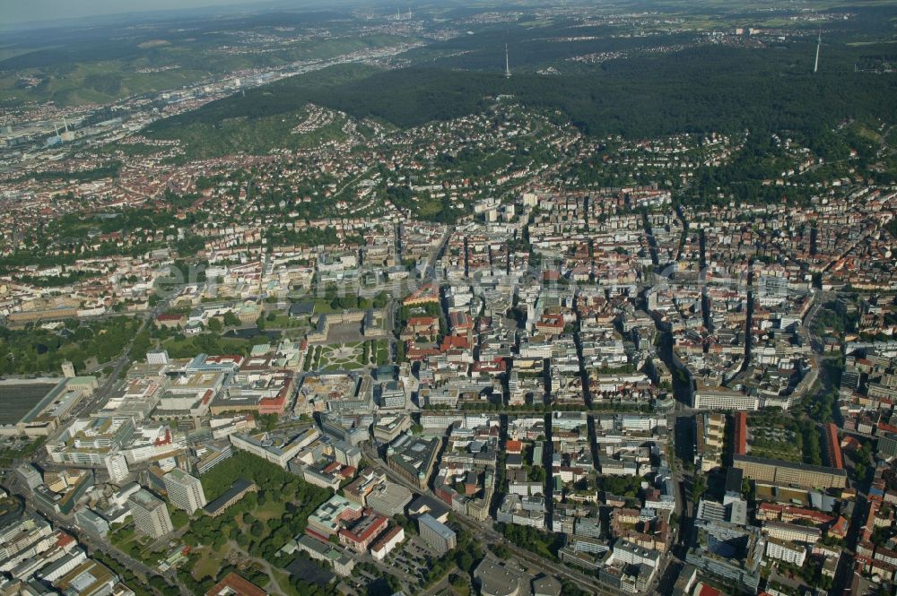 Stuttgart from above - View of the city center in Stuttgart in Baden-Wuerttemberg. Stuttgart is the sixth largest city in germany. In the background you can see mountain Frauenkopf, which is also referred to as green island in the vernacular