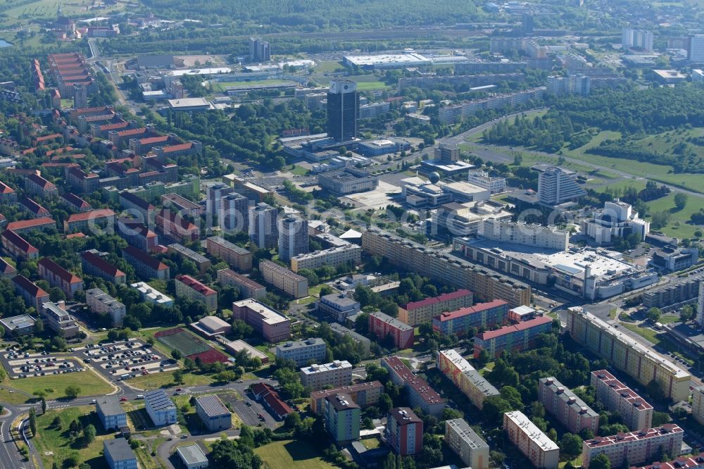 Most from the bird's eye view: Outskirts residential along the tr. Budovatelu in Most in , Czech Republic