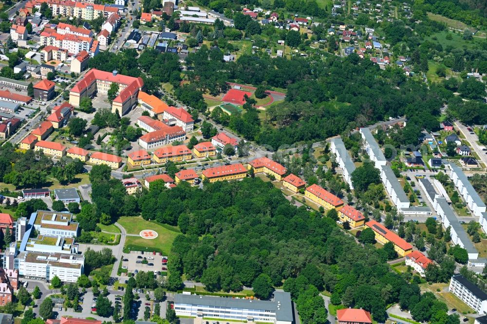 Rathenow from above - Outskirts residential Friedrich-Ebert-Ring - Feierabendallee in Rathenow in the state Brandenburg, Germany