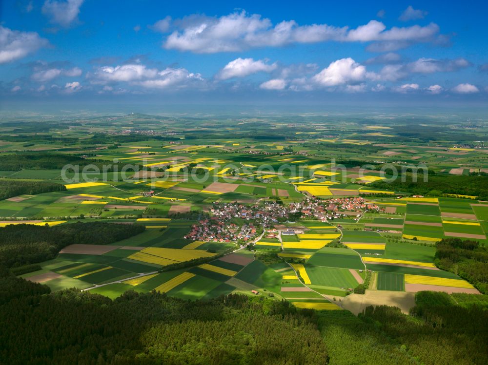 Attenweiler from the bird's eye view: City view from the outskirts with adjacent agricultural fields in Attenweiler in the state Baden-Wuerttemberg, Germany