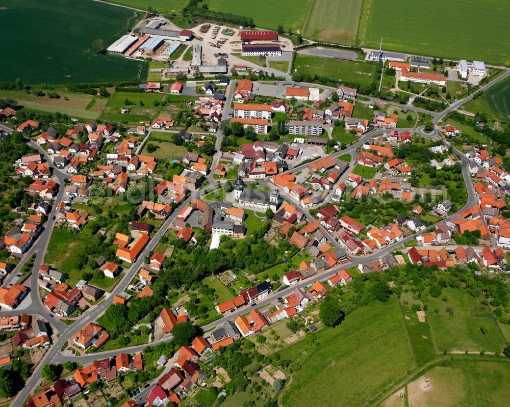 Bischofferode from above - City view from the outskirts with adjacent agricultural fields in Bischofferode in the state Thuringia, Germany