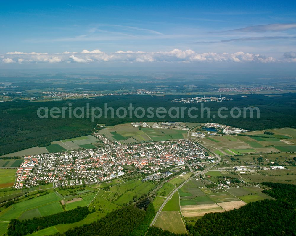 Blankenloch from above - City view from the outskirts with adjacent agricultural fields in Blankenloch in the state Baden-Wuerttemberg, Germany