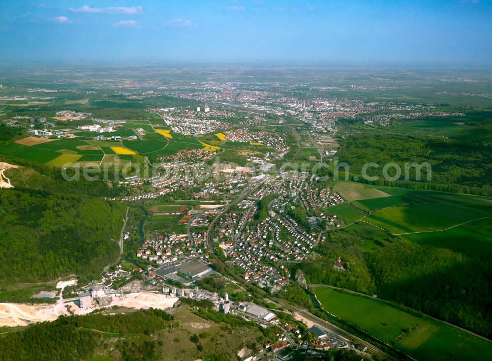 Blaustein from above - City view from the outskirts with adjacent agricultural fields in Blaustein in the state Baden-Wuerttemberg, Germany