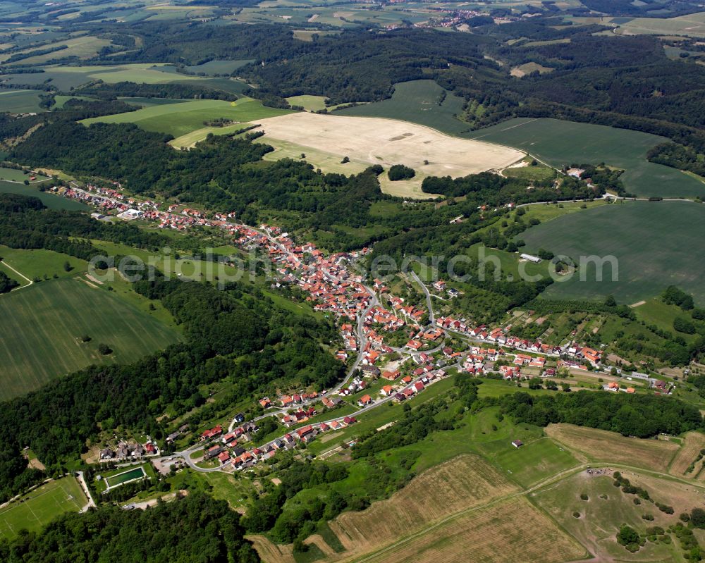 Brehme from above - City view from the outskirts with adjacent agricultural fields in Brehme in the state Thuringia, Germany