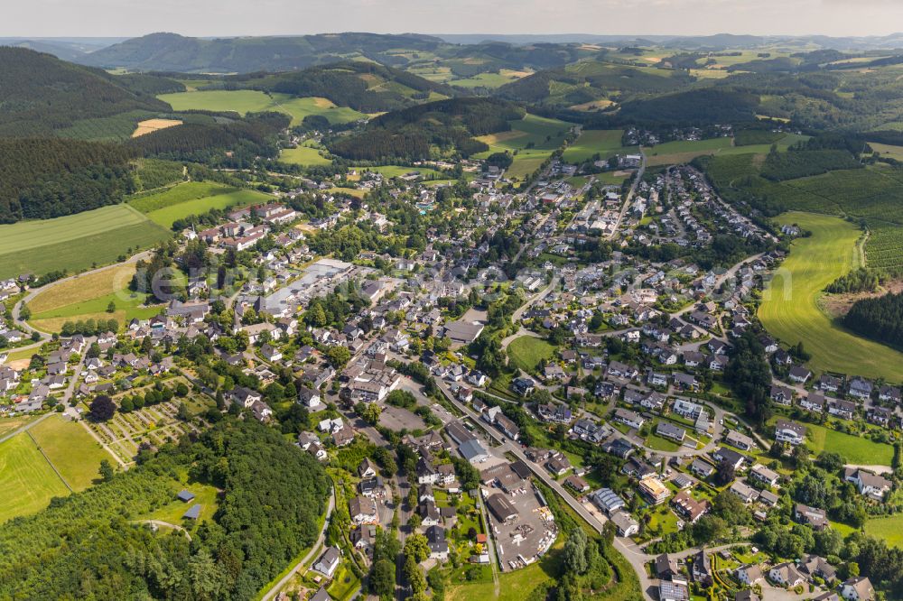 Bremscheid from above - City view from the outskirts with adjacent agricultural fields in Bremscheid in the state North Rhine-Westphalia, Germany