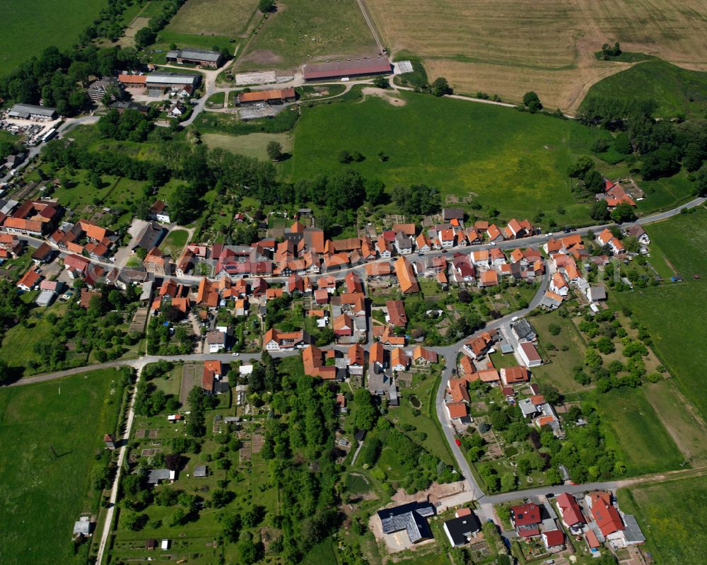 Buhla from above - City view from the outskirts with adjacent agricultural fields in Buhla in the state Thuringia, Germany