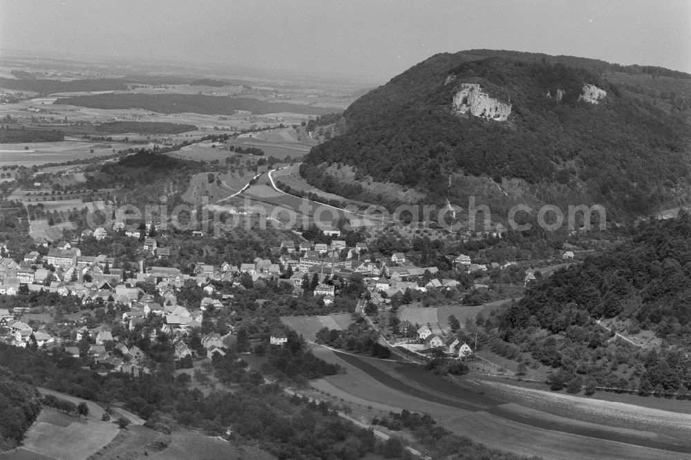 Heubach from above - City view from the outskirts with adjacent agricultural fields and the Burgruine Rosenstein in Heubach in the state Baden-Wuerttemberg, Germany