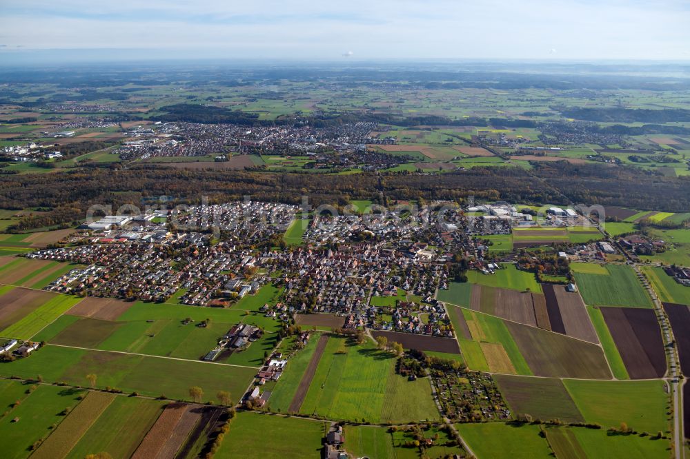 Dietenheim from the bird's eye view: City view from the outskirts with adjacent agricultural fields in Dietenheim in the state Baden-Wuerttemberg, Germany