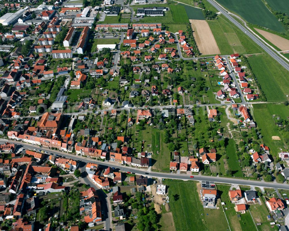 Aerial image Dingelstädt - City view from the outskirts with adjacent agricultural fields on street Baumgartenweg in Dingelstaedt in the state Thuringia, Germany