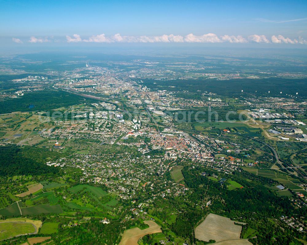 Aerial photograph Durlach - City view from the outskirts with adjacent agricultural fields in Durlach in the state Baden-Wuerttemberg, Germany