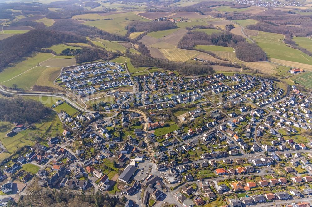 Arnsberg from above - City view from the outskirts with adjacent agricultural fields along the Wiedmannsweg in Arnsberg at Sauerland in the state North Rhine-Westphalia, Germany