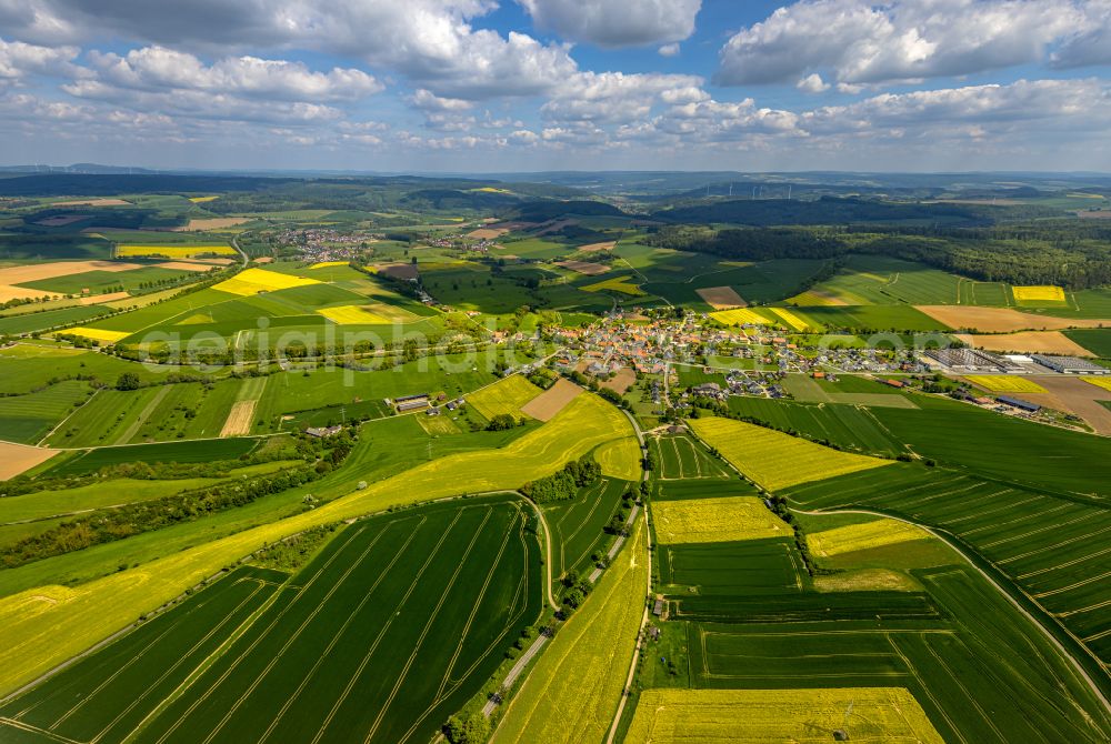 Erkeln from above - City view from the outskirts with adjacent agricultural fields in Erkeln in the state North Rhine-Westphalia, Germany