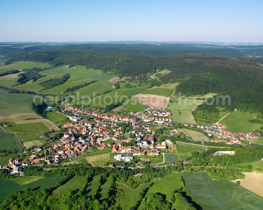 Ershausen from above - City view from the outskirts with adjacent agricultural fields in Ershausen in the state Thuringia, Germany