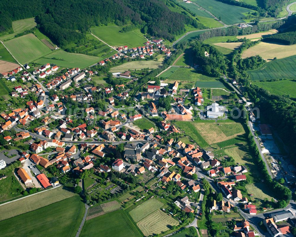 Ershausen from the bird's eye view: City view from the outskirts with adjacent agricultural fields in Ershausen in the state Thuringia, Germany