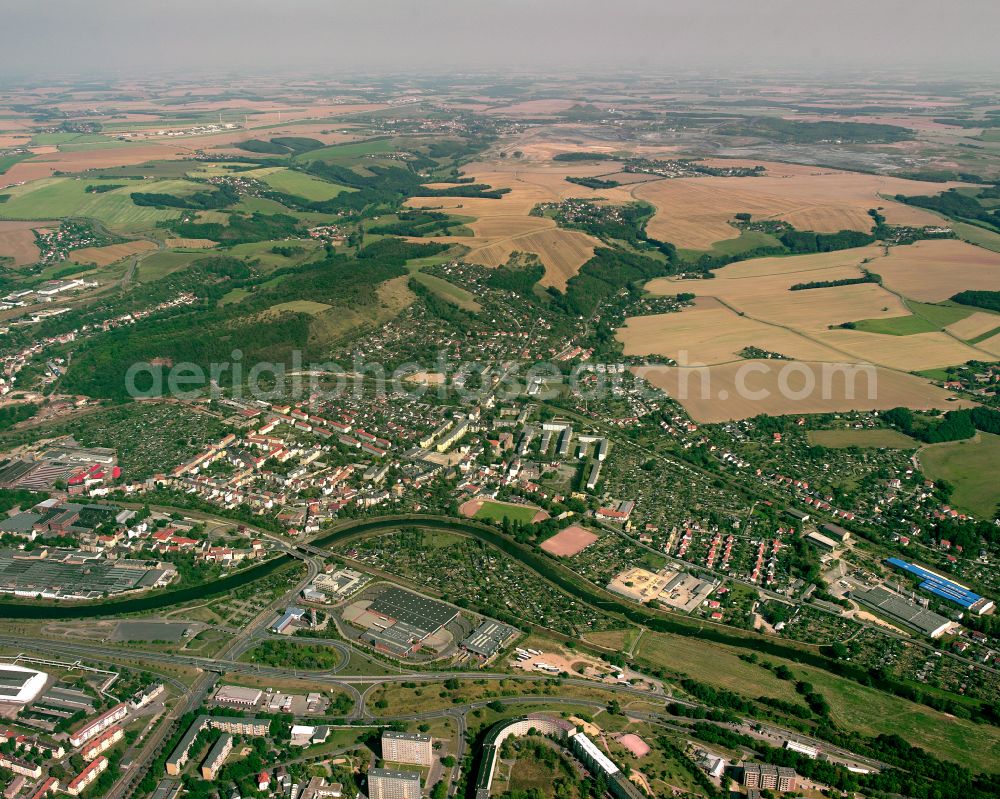 Gera from the bird's eye view: City view from the outskirts with adjacent agricultural fields in Gera in the state Thuringia, Germany