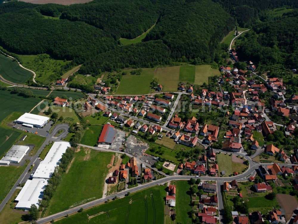 Gerbershausen from above - City view from the outskirts with adjacent agricultural fields in Gerbershausen in the state Thuringia, Germany