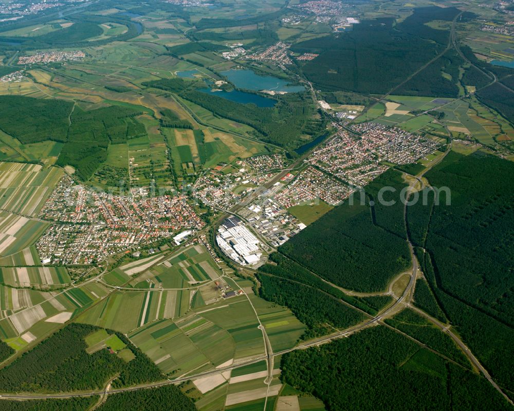 Graben from above - City view from the outskirts with adjacent agricultural fields in Graben in the state Baden-Wuerttemberg, Germany