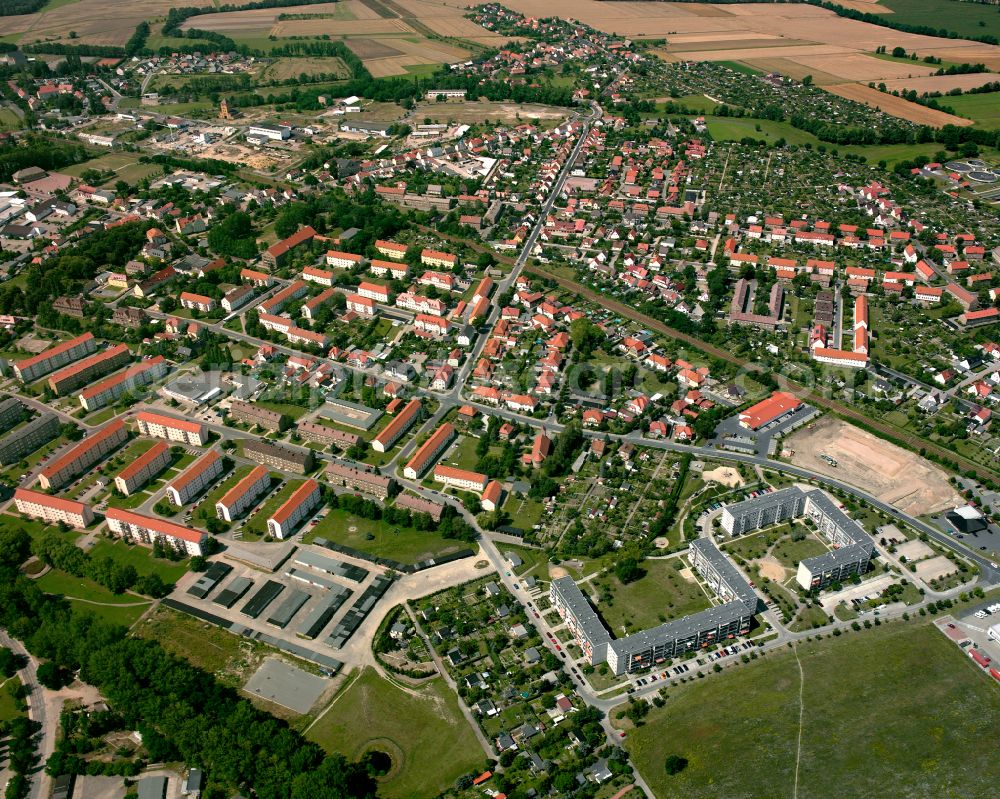 Gröditz from the bird's eye view: City view from the outskirts with adjacent agricultural fields in Gröditz in the state Saxony, Germany