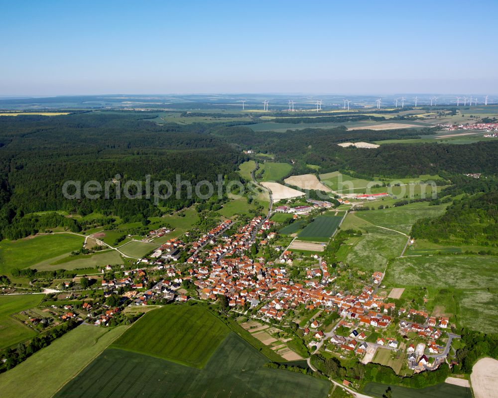 Großbartloff from above - City view from the outskirts with adjacent agricultural fields in Großbartloff in the state Thuringia, Germany