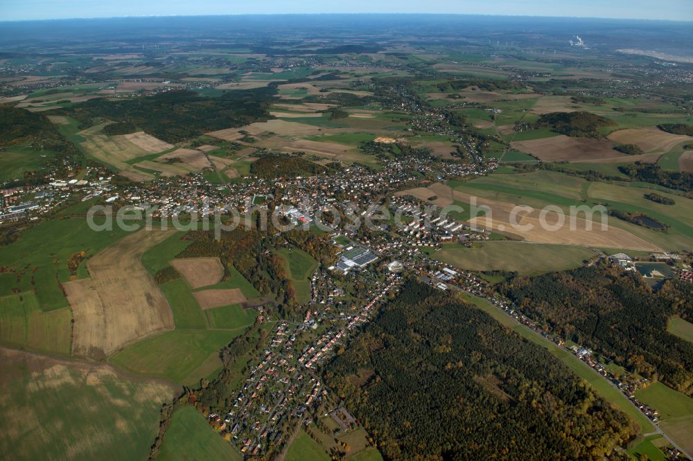 Großschönau from the bird's eye view: City view from the outskirts with adjacent agricultural fields in Großschönau in the state Saxony, Germany