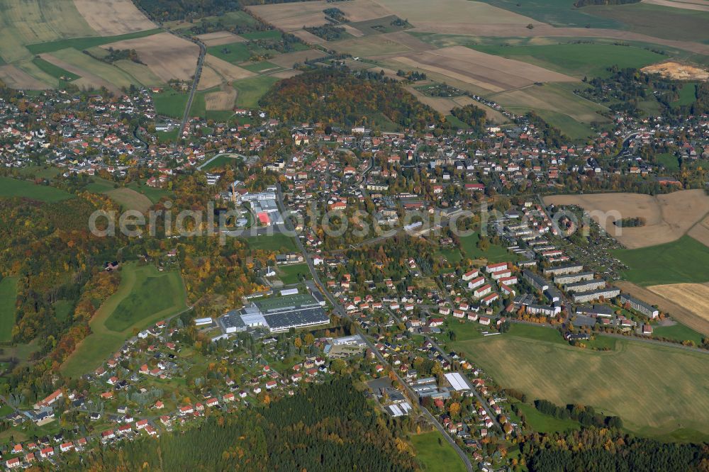 Großschönau from the bird's eye view: City view from the outskirts with adjacent agricultural fields in Großschönau in the state Saxony, Germany