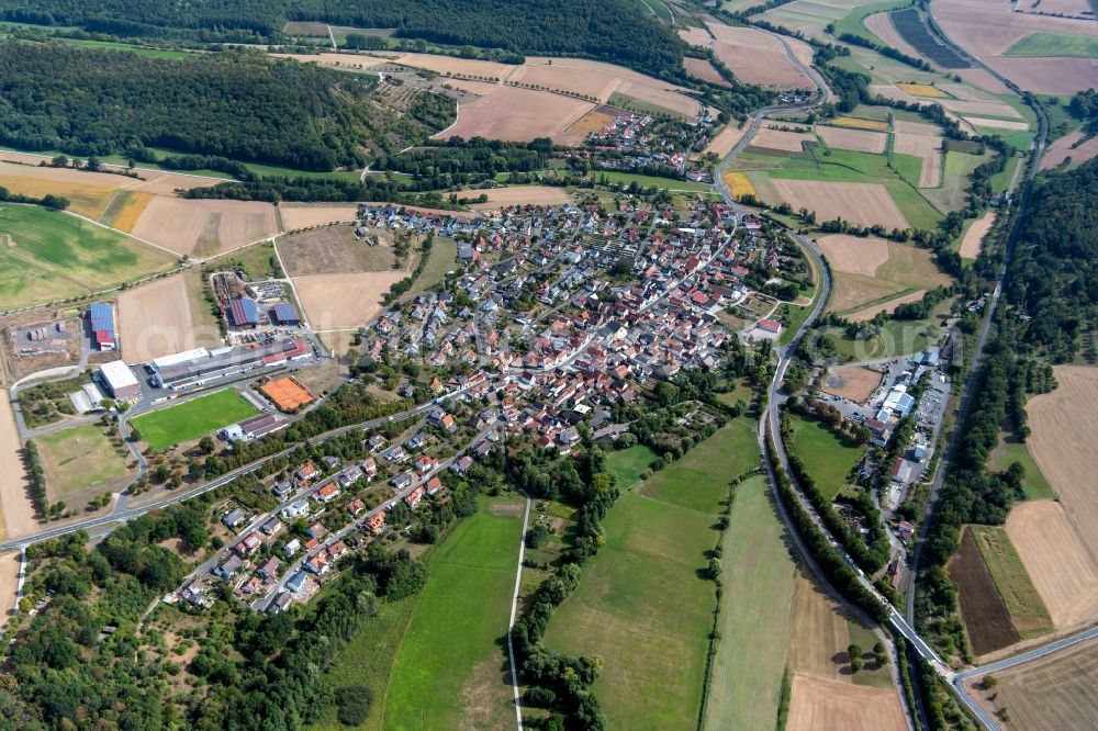 Aerial image Gössenheim - City view from the outskirts with adjacent agricultural fields in Goessenheim in the state Bavaria, Germany