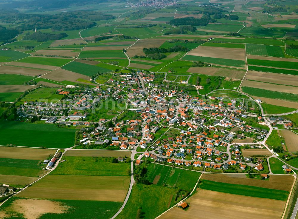 Aerial image Heroldstatt - City view from the outskirts with adjacent agricultural fields in Heroldstatt in the state Baden-Wuerttemberg, Germany