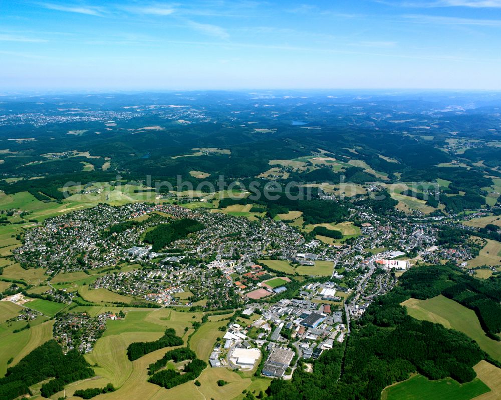 Aerial image Kierspe - City view from the outskirts with adjacent agricultural fields in Kierspe in the state North Rhine-Westphalia, Germany