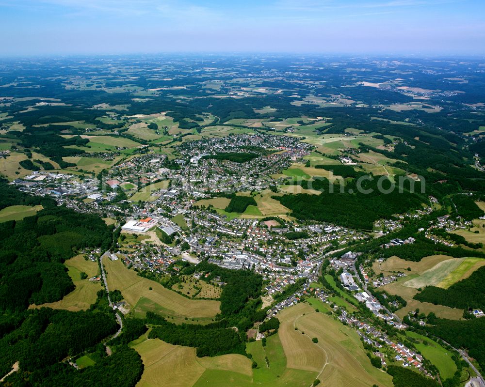 Aerial photograph Kierspe - City view from the outskirts with adjacent agricultural fields in Kierspe in the state North Rhine-Westphalia, Germany