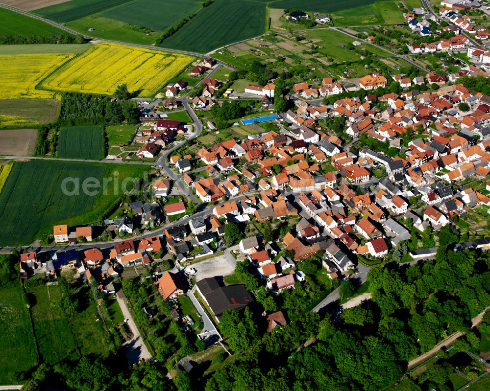 Küllstedt from above - City view from the outskirts with adjacent agricultural fields in Küllstedt in the state Thuringia, Germany