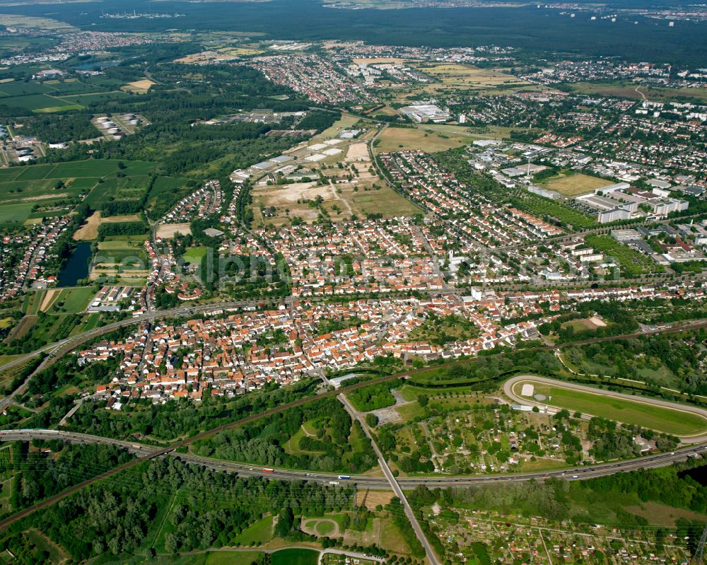 Knielingen from the bird's eye view: City view from the outskirts with adjacent agricultural fields in Knielingen in the state Baden-Wuerttemberg, Germany