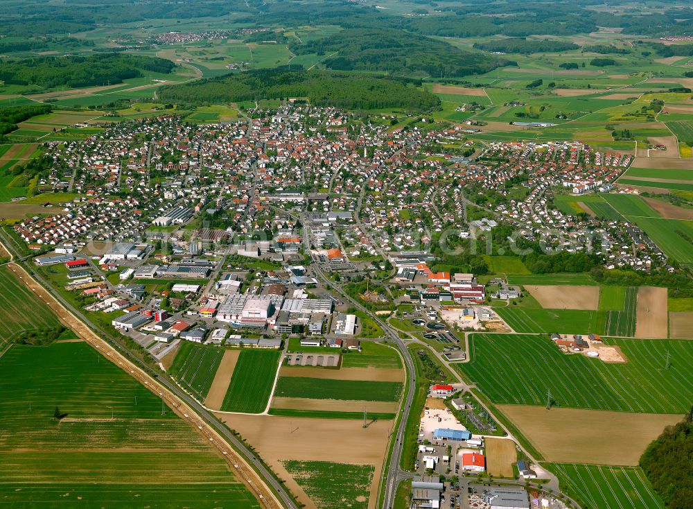 Laichingen from the bird's eye view: City view from the outskirts with adjacent agricultural fields in Laichingen in the state Baden-Wuerttemberg, Germany