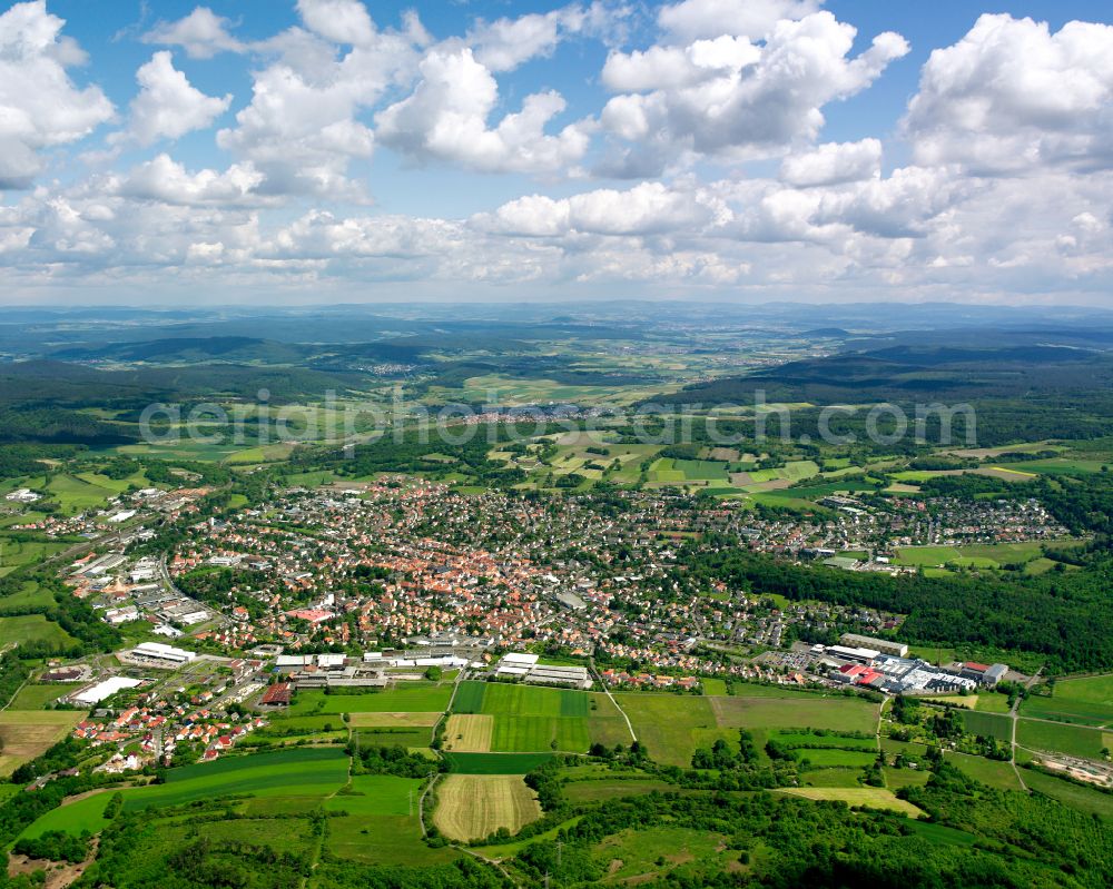 Lauterbach (Hessen) from the bird's eye view: City view from the outskirts with adjacent agricultural fields in Lauterbach (Hessen) in the state Hesse, Germany