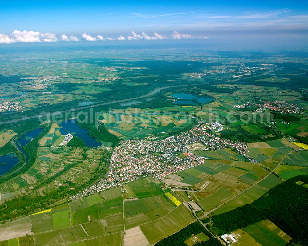 Linkenheim from above - City view from the outskirts with adjacent agricultural fields in Linkenheim in the state Baden-Wuerttemberg, Germany