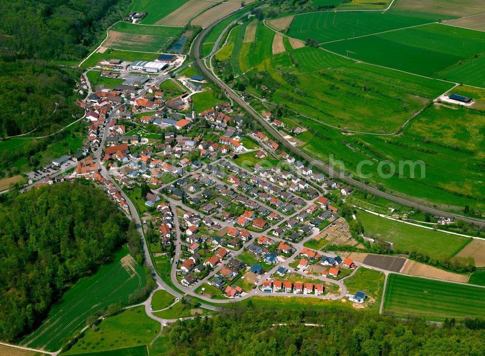 Aerial photograph Lonsee - City view from the outskirts with adjacent agricultural fields in Lonsee in the state Baden-Wuerttemberg, Germany