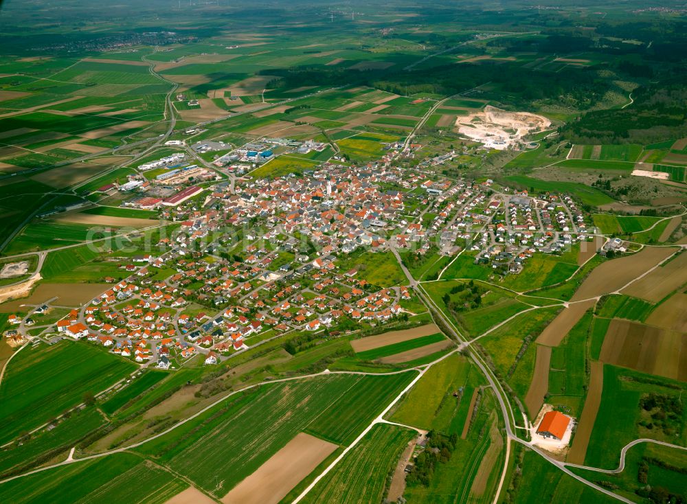 Merklingen from above - City view from the outskirts with adjacent agricultural fields in Merklingen in the state Baden-Wuerttemberg, Germany