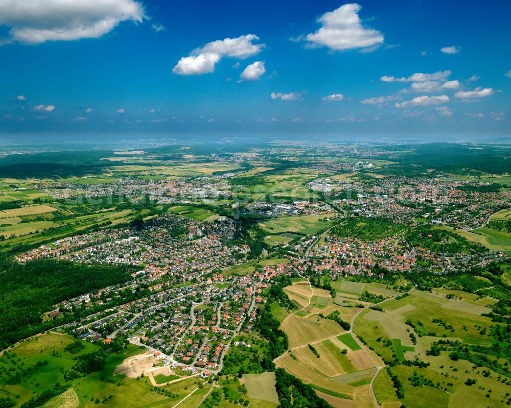 Mössingen from above - City view from the outskirts with adjacent agricultural fields in Mössingen in the state Baden-Wuerttemberg, Germany