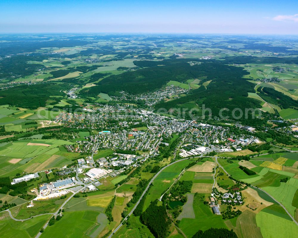 Aerial image Naila - City view from the outskirts with adjacent agricultural fields in Naila in the state Bavaria, Germany